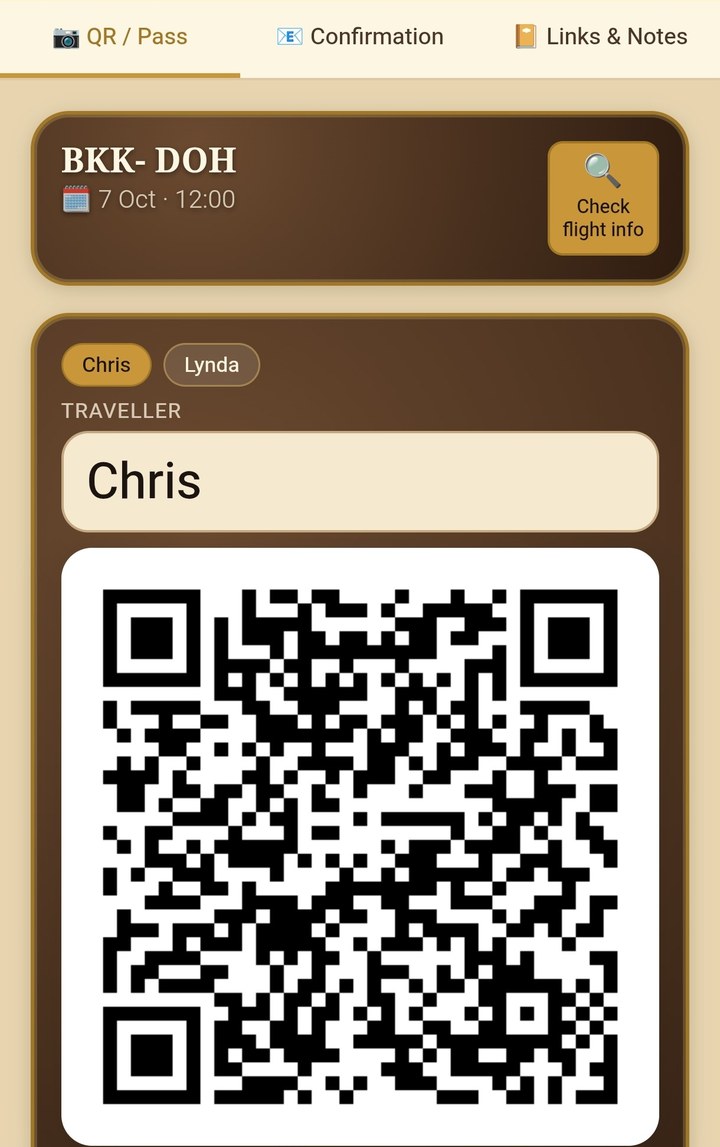 The QR / Pass tab of a flight booking in Aixa Travel Wallet, showing a QR code for one traveller with the other traveller one tap away.