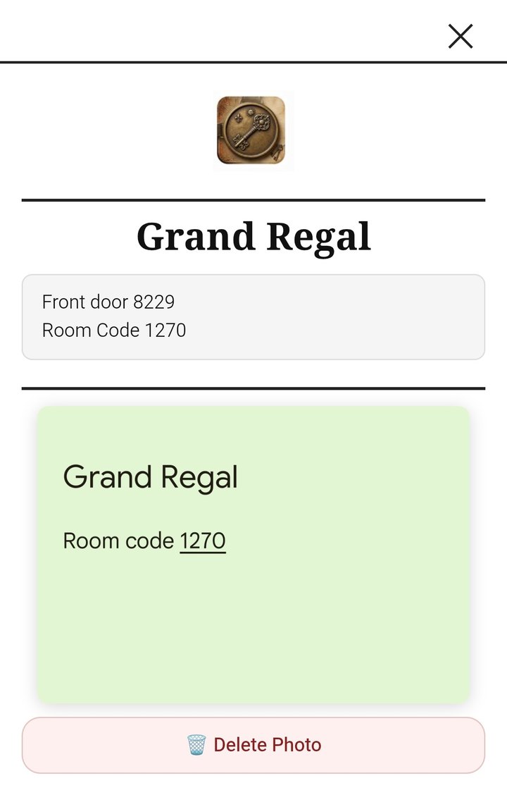 The Entry screen in Aixa Travel Wallet showing a hotel's front door code and room code.