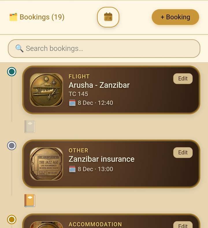 A trip's bookings list in Aixa Travel Wallet with a search box at the top.