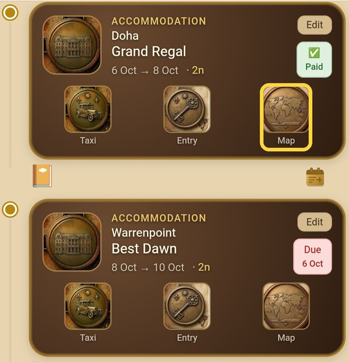 Two hotel bookings in Aixa Travel Wallet, each with Taxi, Entry and Map buttons, and the Map button on the first one highlighted.
