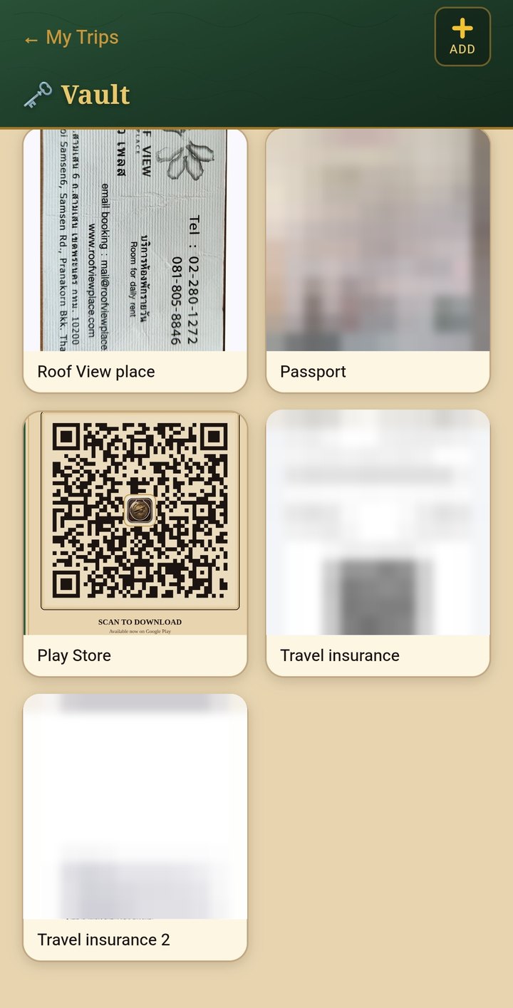 The Vault screen in Aixa Travel Wallet, with document photos stored privately on the phone.
