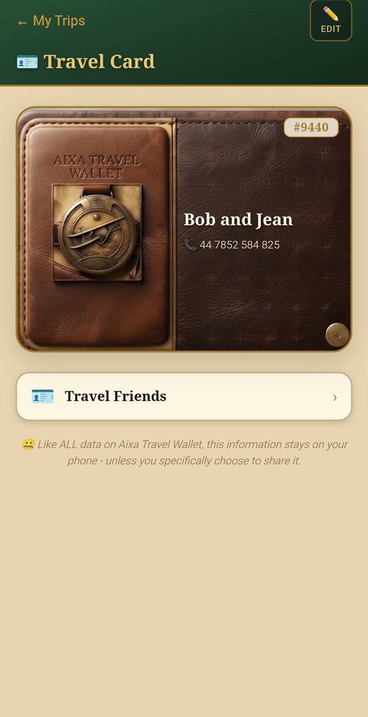 A second travel card in Aixa Travel Wallet with different details.
