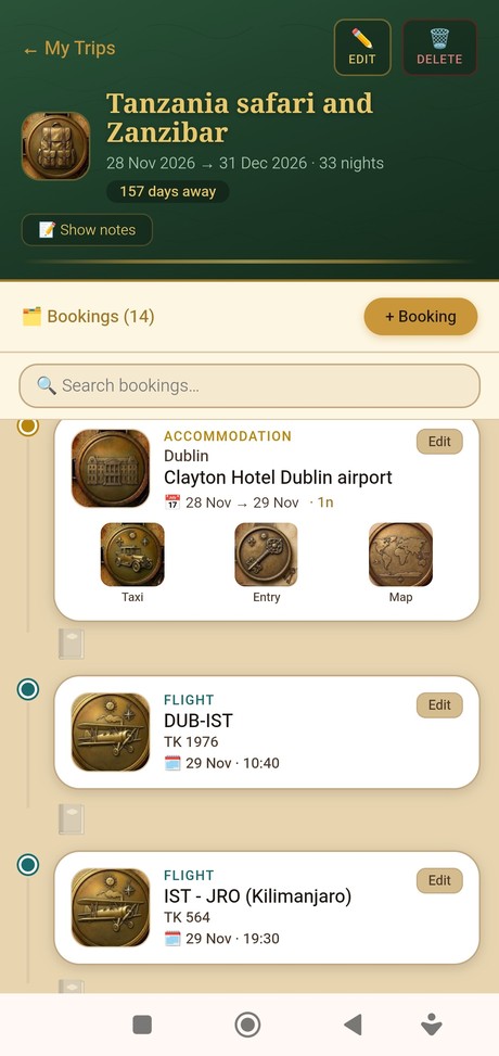 A trip's booking timeline with flights and hotels