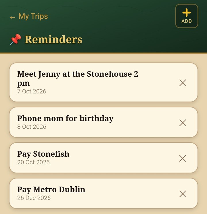 The Reminders list in Aixa Travel Wallet with four reminders, each with a note and a date.