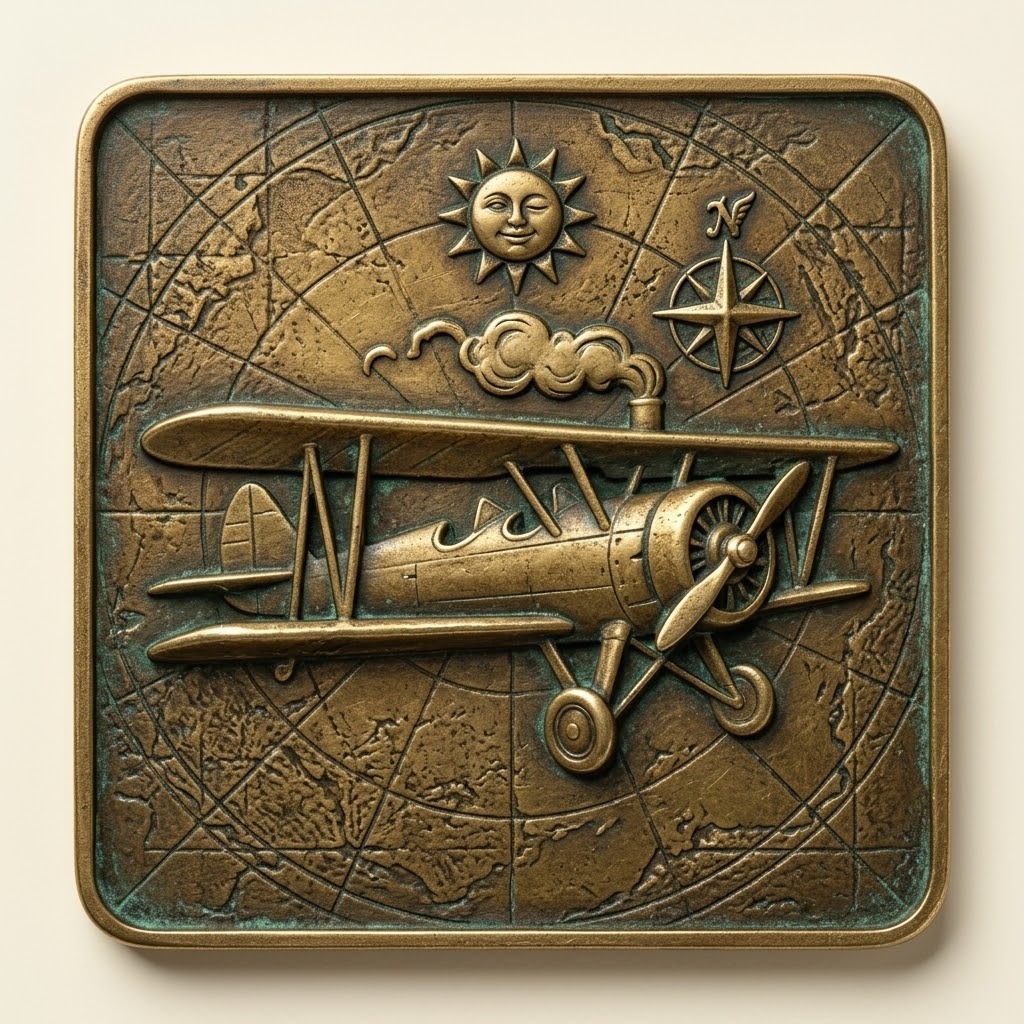 Style reference: an embossed brass plaque showing a biplane over faint map lines