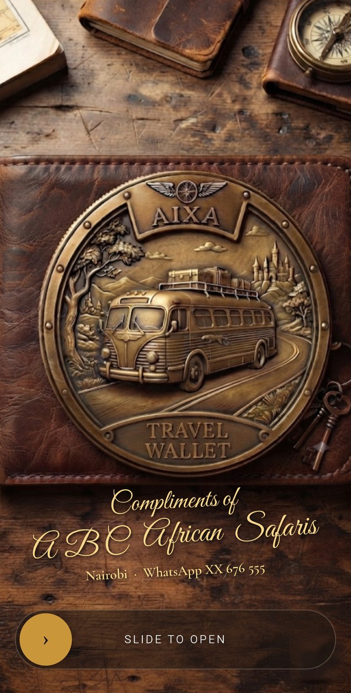 Example Aixa opening screen reading Compliments of ABC African Safaris, Nairobi, WhatsApp XX 676 555, below the Aixa Travel Wallet medallion.