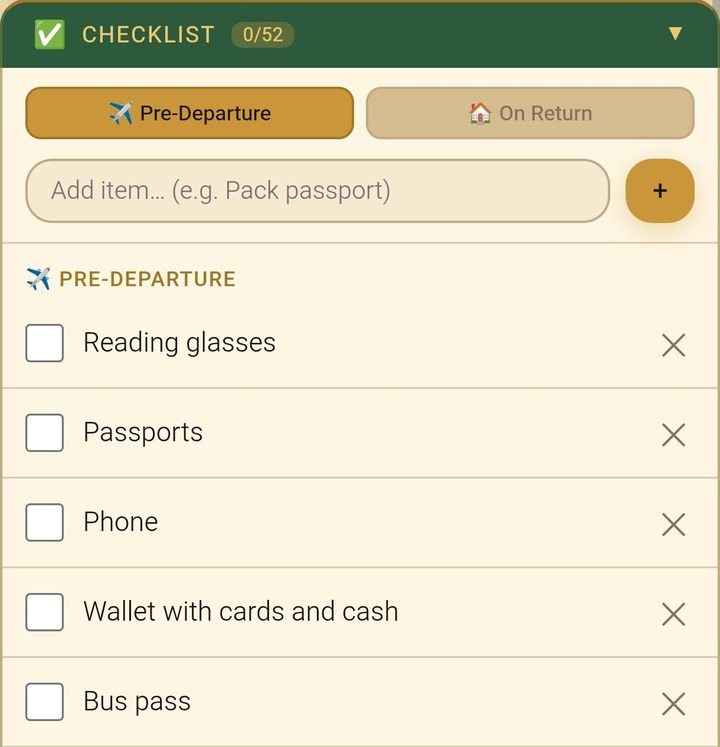 The Checklist in Aixa Travel Wallet with Pre-Departure and On Return tabs and a list of items to tick off.